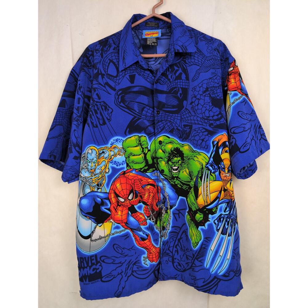 Vintage 2001 Marvel Comics blue button up shirt Size Large Fangear Collector Y2K